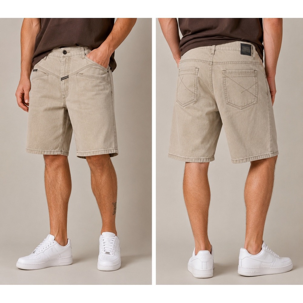 Marithe Francois Girbaud Mens Tan Denim Shorts Khaki Y2K Shuttle Style Size 34